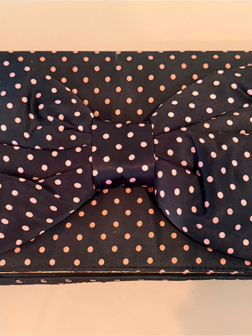 Betsy Johnson Polka Dot Bow Clutch — Pink & Black Satin, Vintage